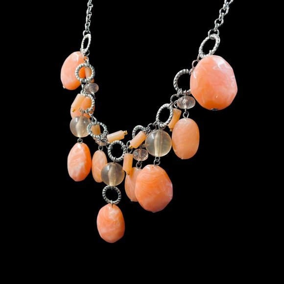 Coral Peach Beaded Statement Necklace Chunky Boho Drop Bib Festival Jewelry - Picture 5 of 6